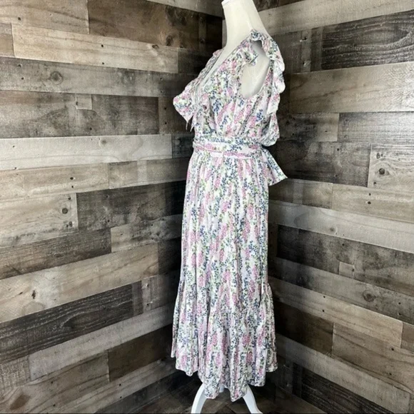 BYTIMO Blue Field Floral Ruffle Midi Wrap Dress Size Medium / NWT - Picture 10 of 16